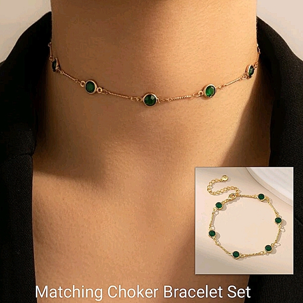 Emerald Green Gold Plated Zircon Choker Bracelet Matching Set